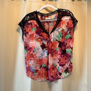 Candie's Floral Crochet-Trim Sheer Blouse in Pink, Purple & Green